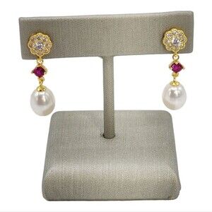 925S Red Gemstones‎ Stud Earrings With Cultured Freshwater Pearl and Zirconia